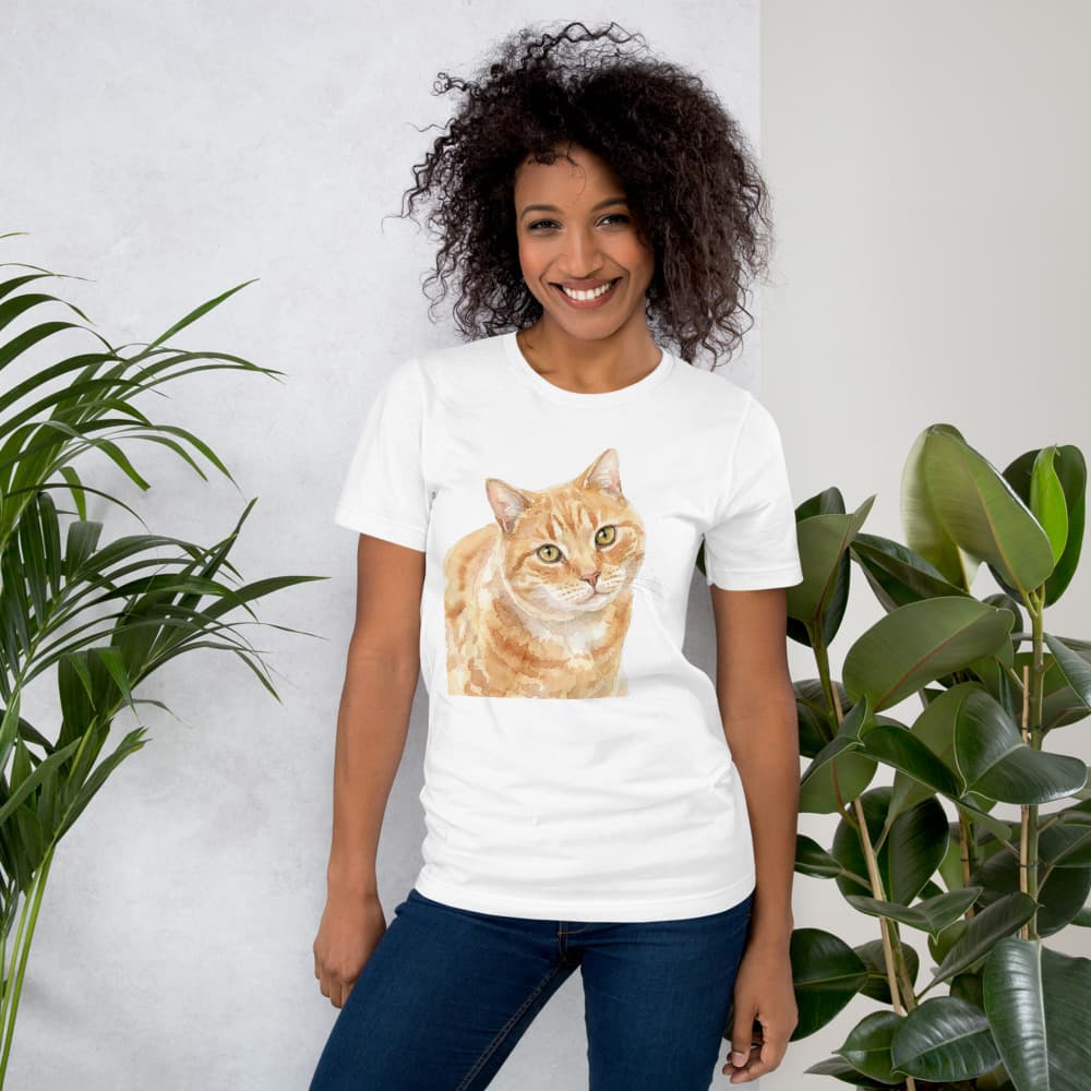 Watercolor cat portrait printed on a white classic tee.