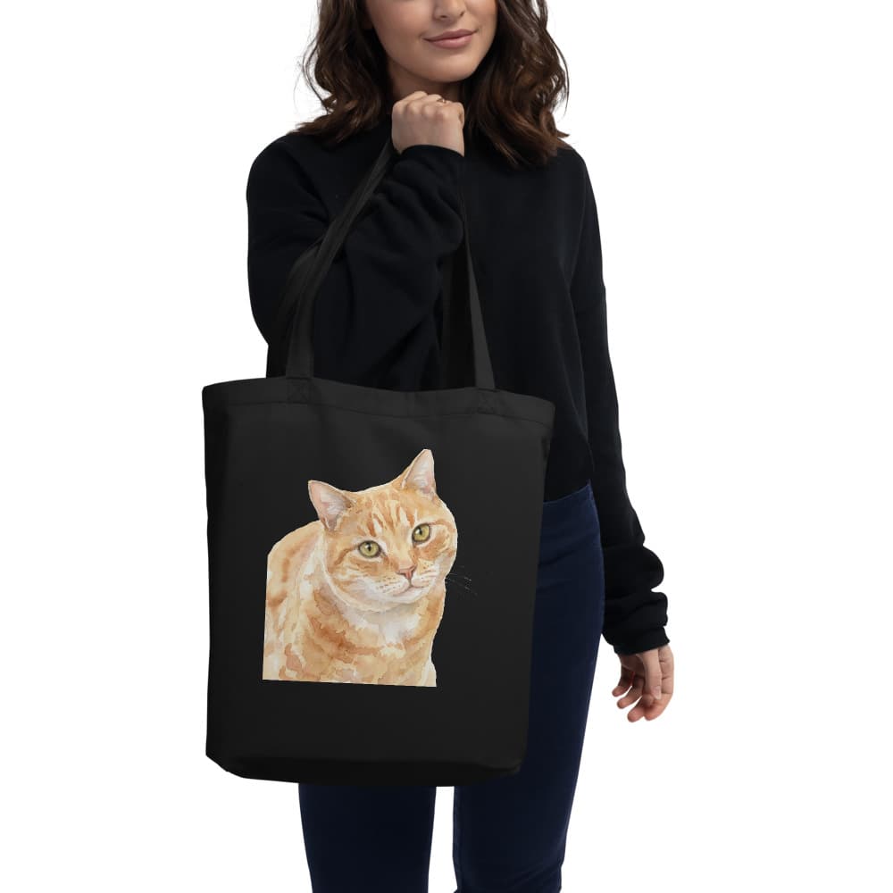 Watercolor cat portrait printed on a black eco tote.