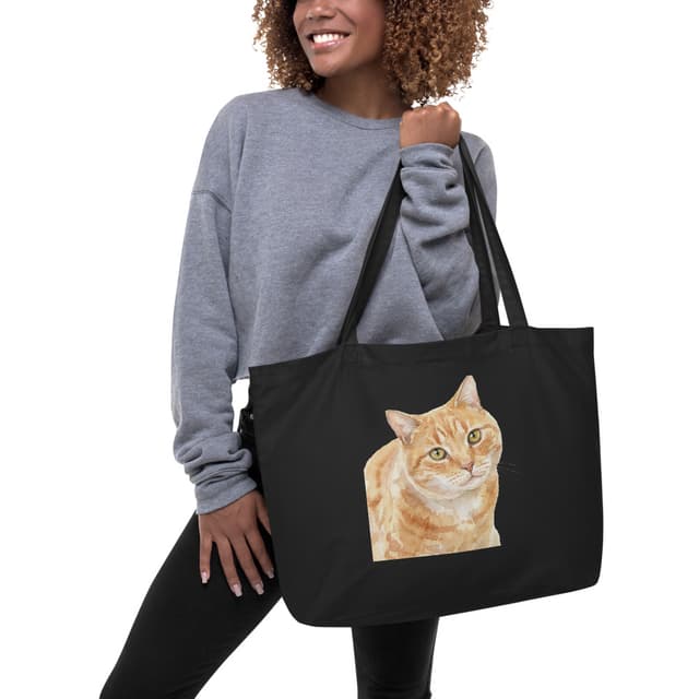 Watercolor cat portrait printed on a black large eco tote.