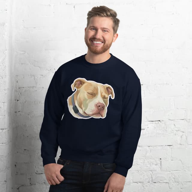 Lucy Storybook Gouache pet portrait generated with Gemini and rendered on a Navy Pet Crewneck.