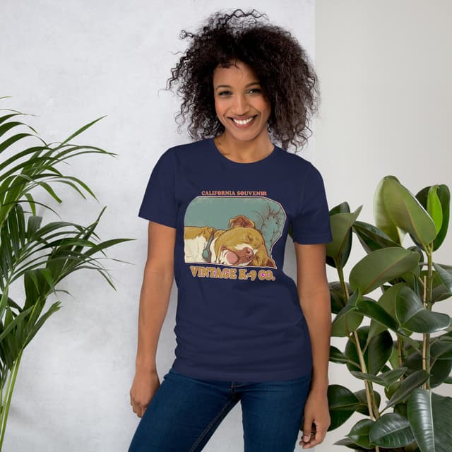 Lucy Vintage pet portrait generated with Gemini and rendered on a Navy Classic Pet Portrait Tee.