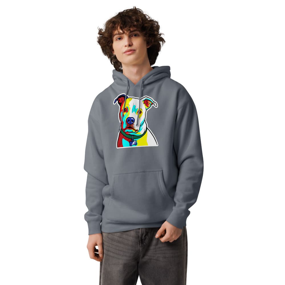 Cash Pop Art pet portrait generated with Gemini and rendered on a Storm Blue Premium Pet Hoodie.