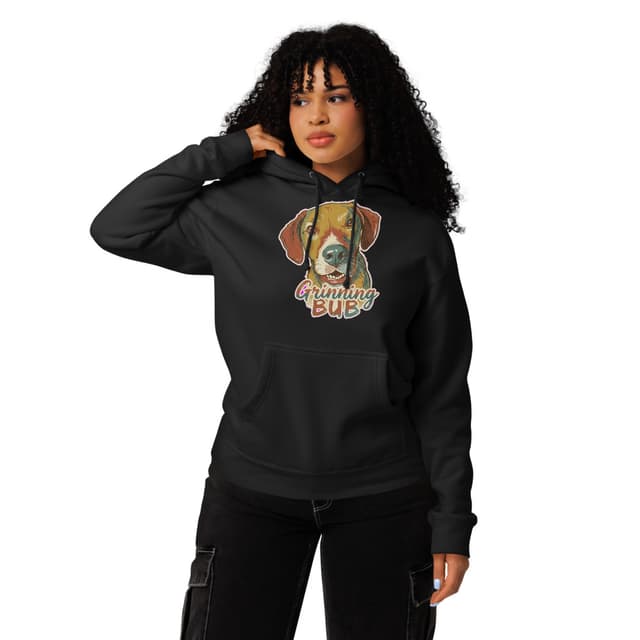 Grinning Bub vintage pet portrait printed on a black premium hoodie.