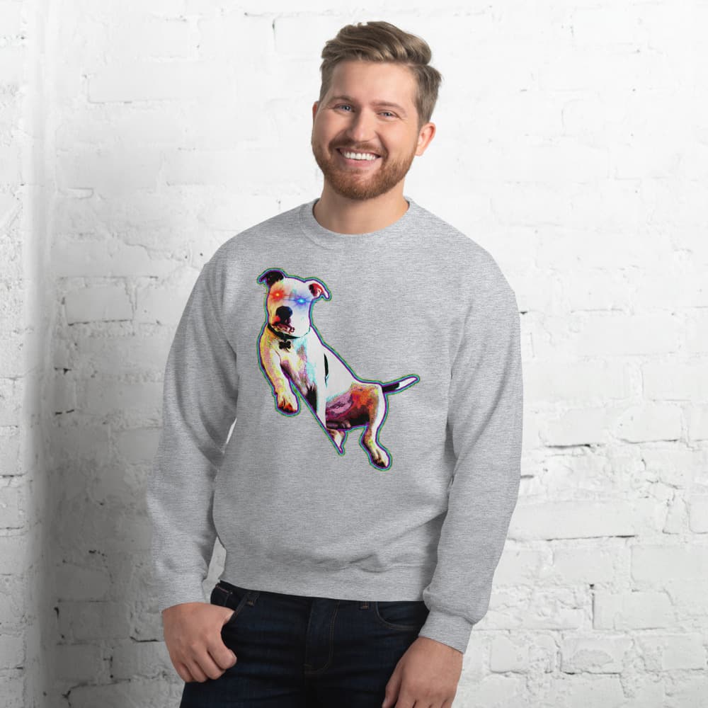 Cursed pet portrait printed on a PawForge apparel mockup.