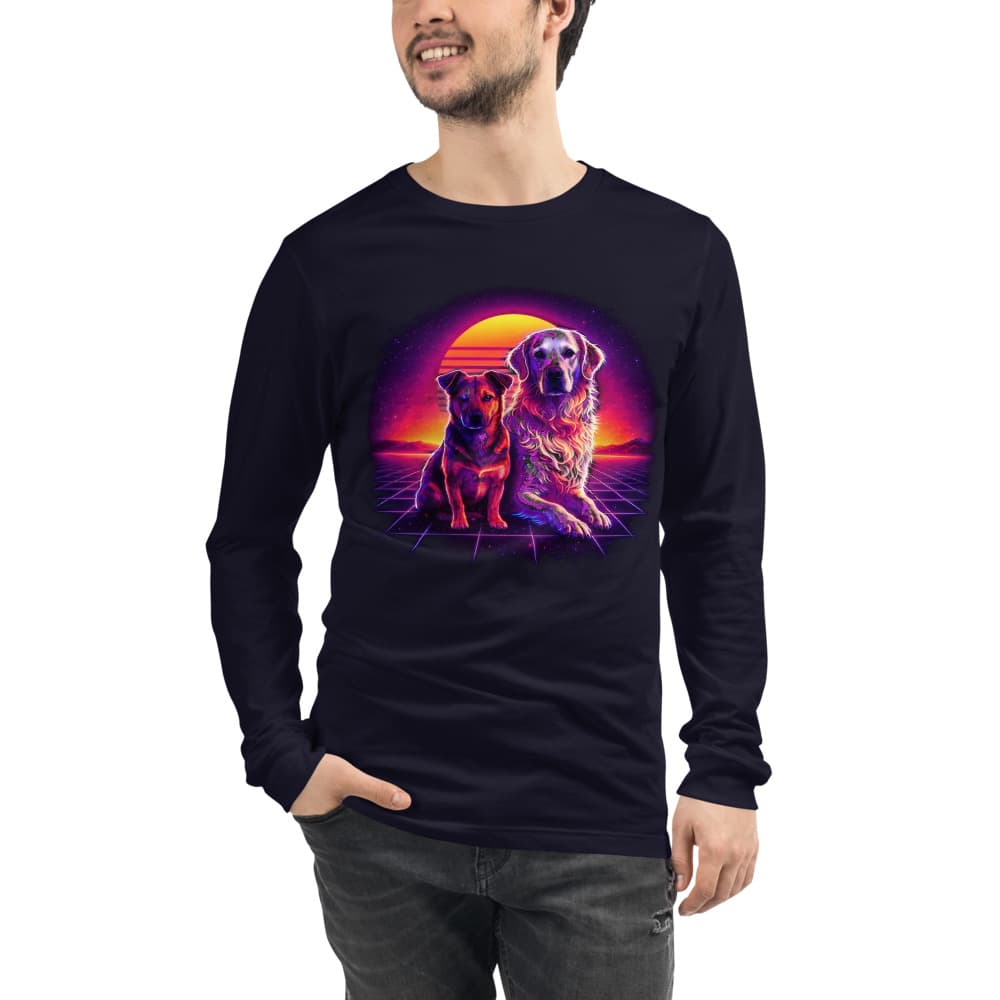 Synthwave pet portrait printed on a PawForge apparel mockup.