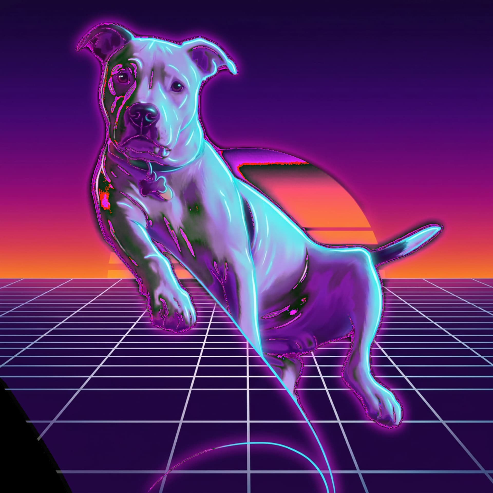 Synthwave pet portrait shown as a custom apparel design.