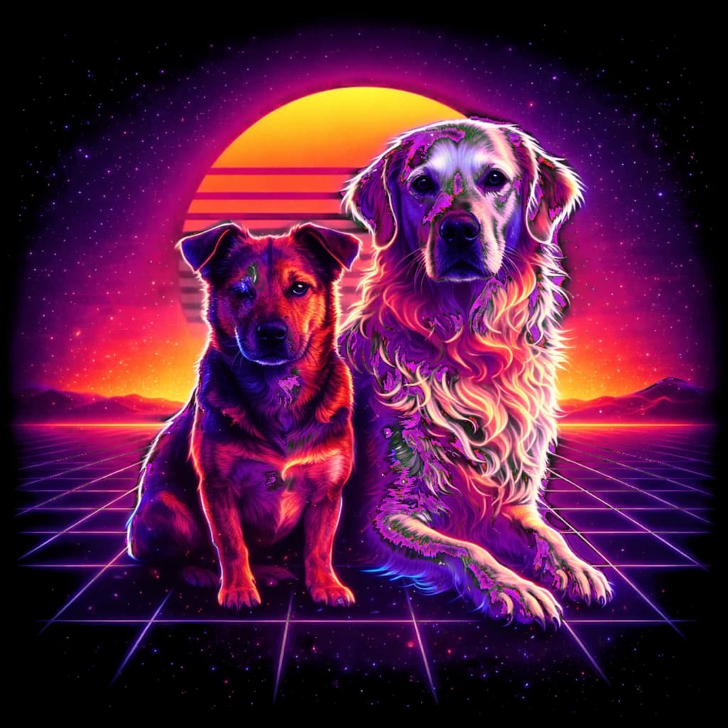 Synthwave pet portrait example artwork from the PawForge style catalog.