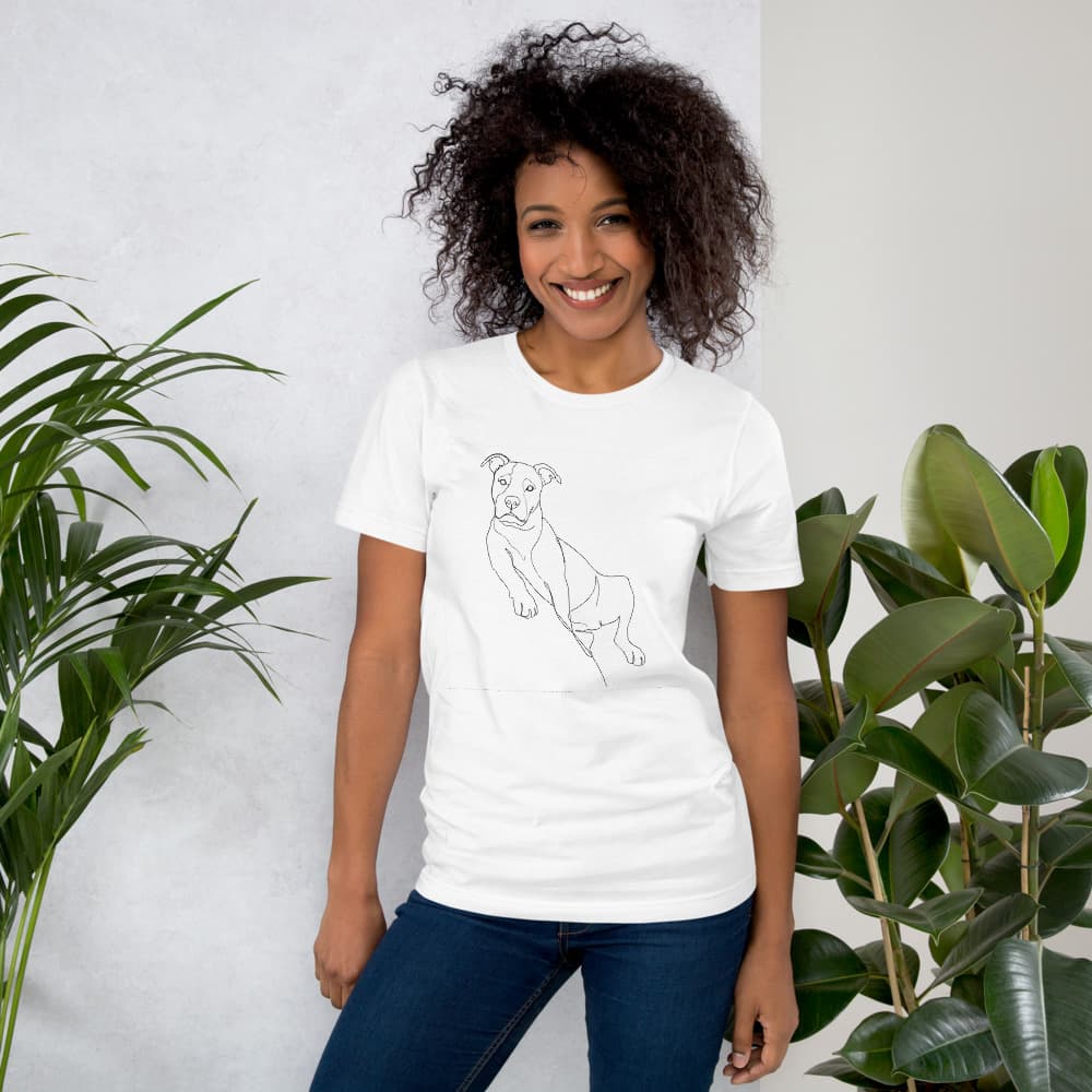 Lucy Minimal Line Art pet portrait generated with Gemini and rendered on a White Classic Pet Portrait Tee.