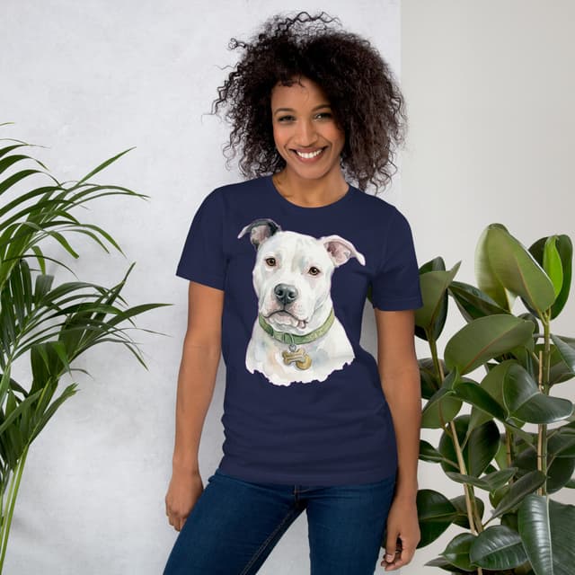 Custom watercolor pet portrait previewed on a navy tee