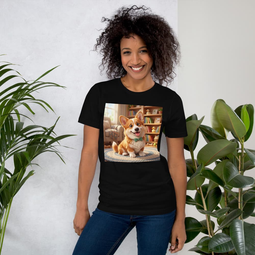 Cartoon pet portrait tee — example new-puppy tee