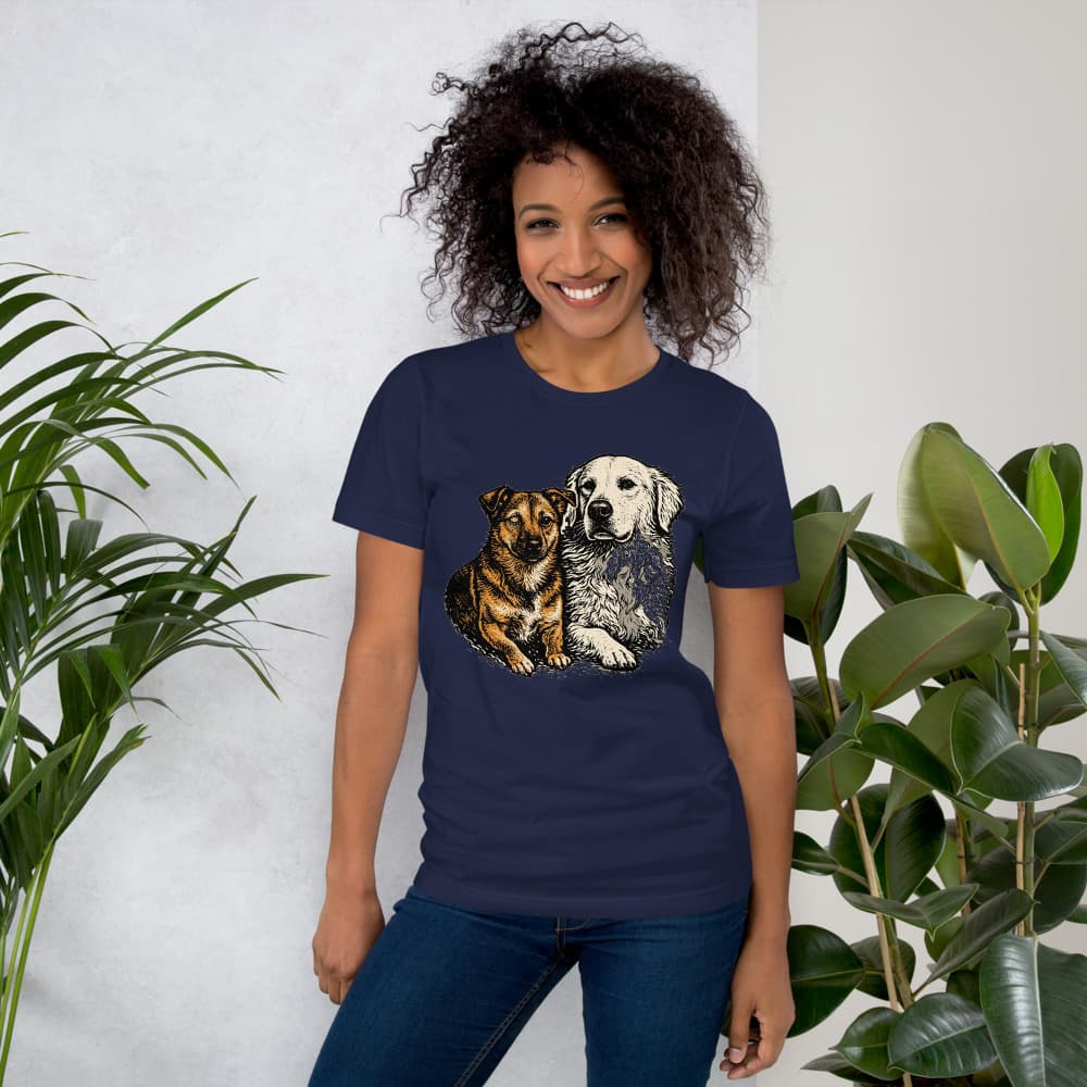 Linocut Portrait pet portrait printed on a PawForge apparel mockup.