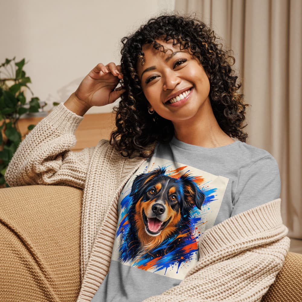 Neon Splash pet portrait printed on a PawForge apparel mockup.