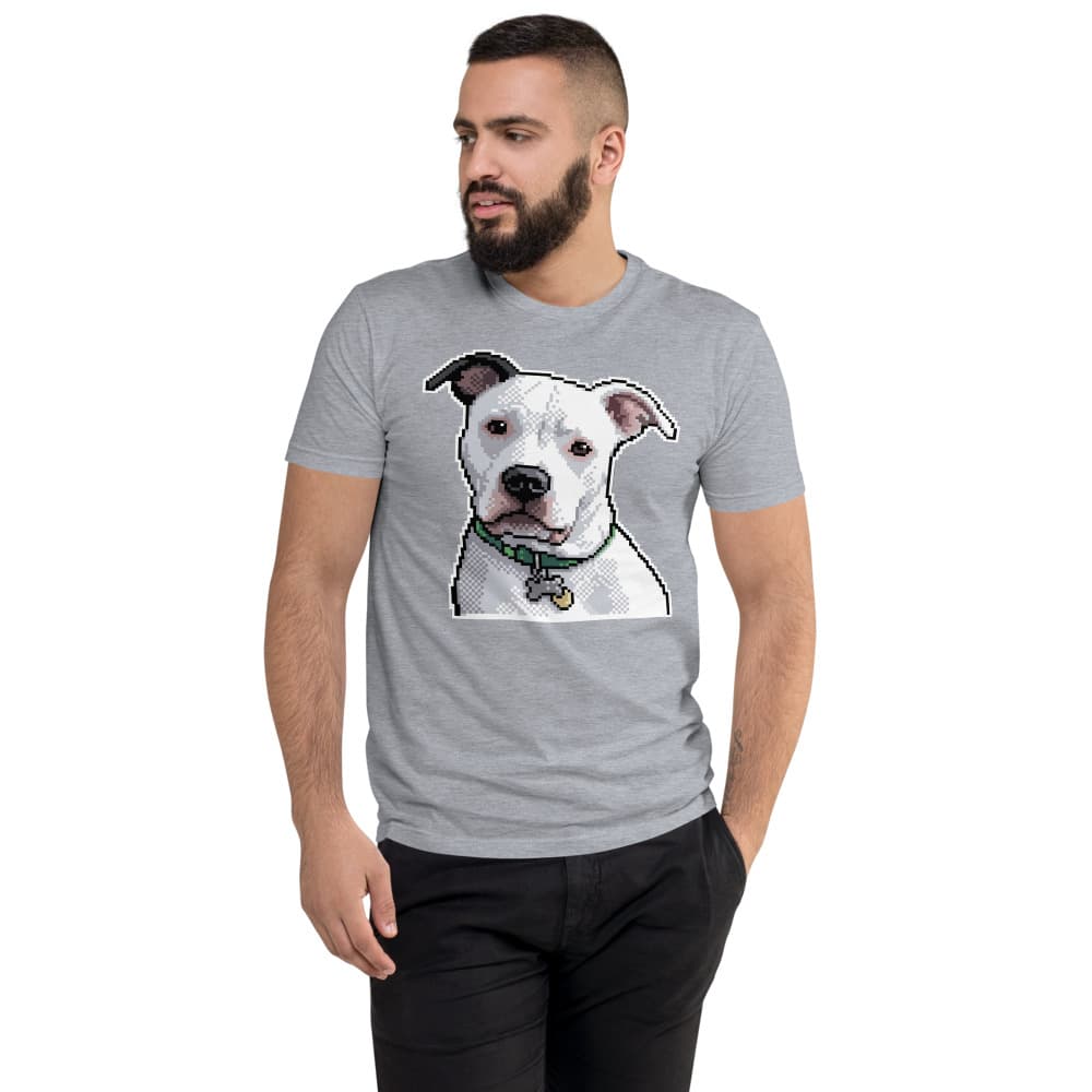 Cozy Pixel Art pet portrait printed on a PawForge apparel mockup.