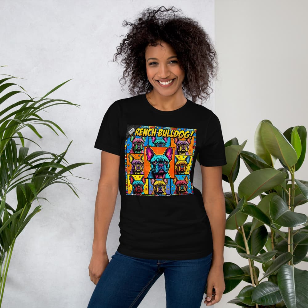 Pop art pet portrait printed on a black tee.