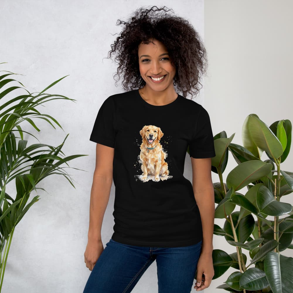 Watercolor pet portrait printed on a black tee.