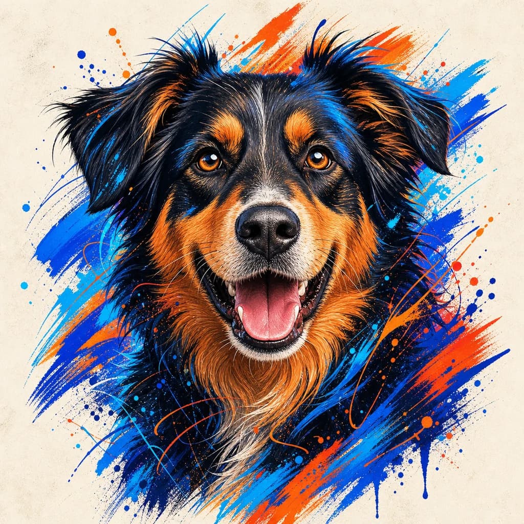 Neon Splash pet portrait shown as a custom apparel design.