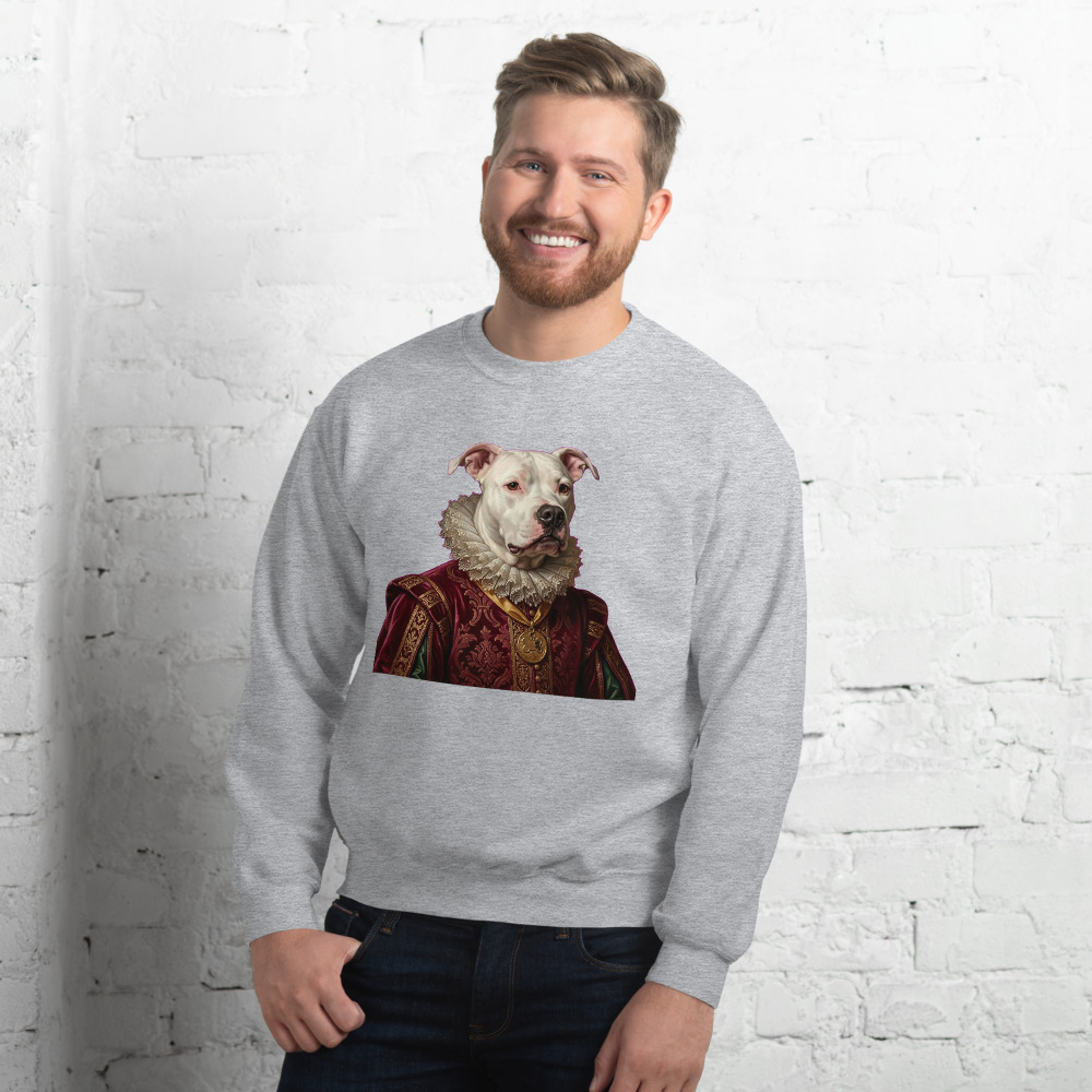 Cash Renaissance Royal pet portrait generated with Gemini and rendered on a Sport Grey Pet Crewneck.