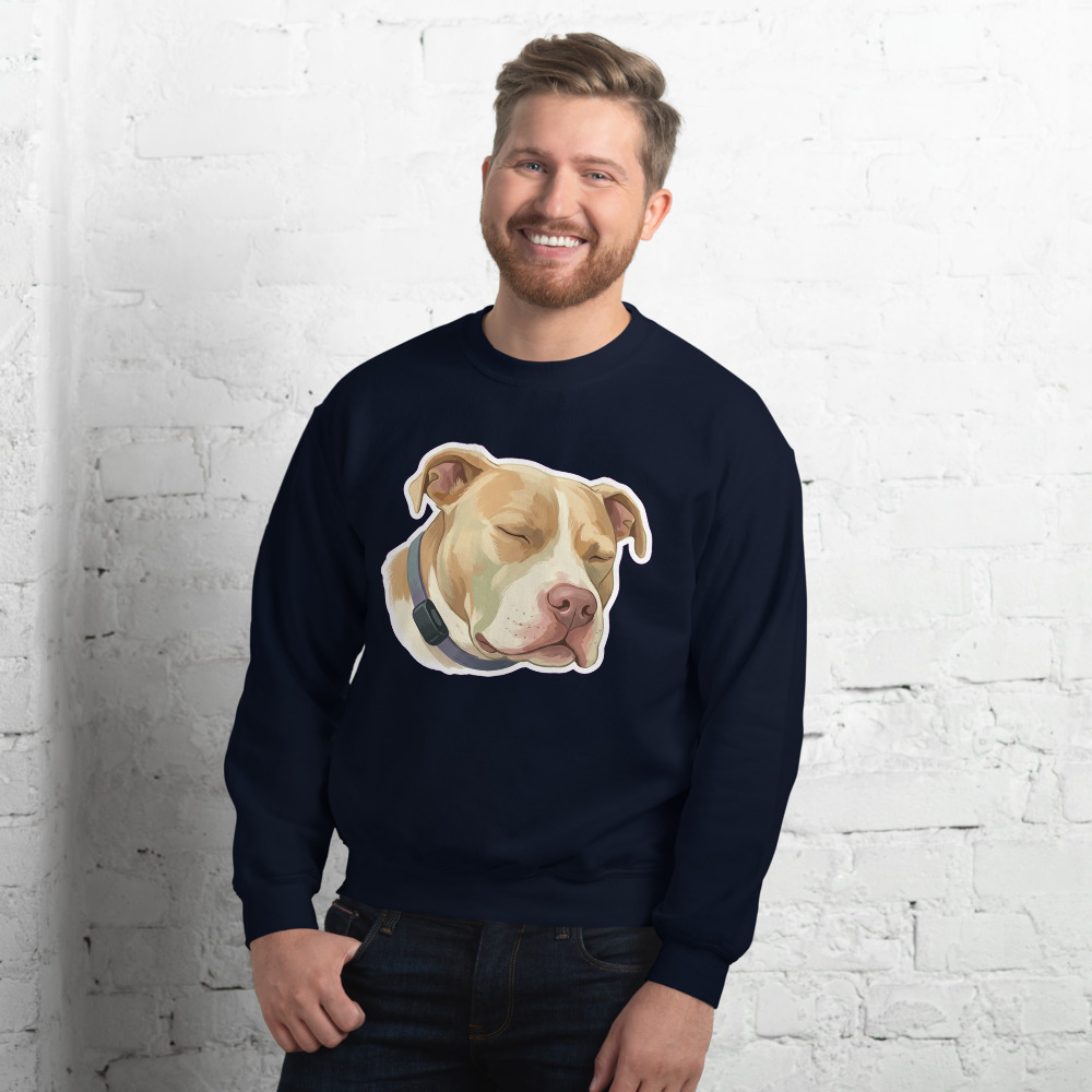 Lucy Storybook Gouache pet portrait generated with Gemini and rendered on a Navy Pet Crewneck.
