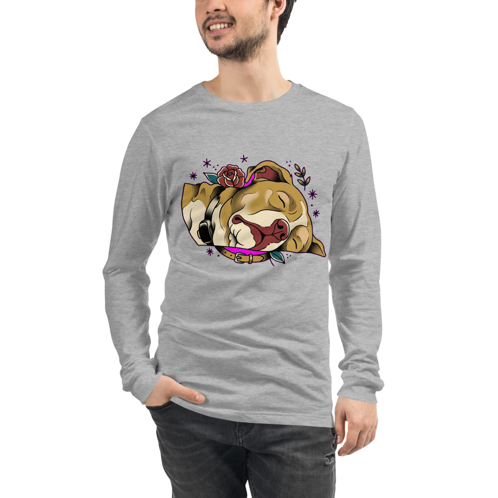Lucy Tattoo Flash pet portrait generated with Gemini and rendered on a Athletic Heather Long Sleeve Pet Tee.