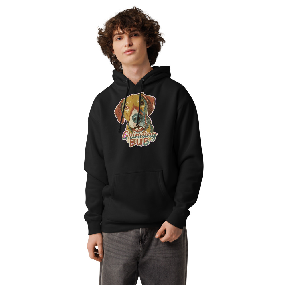 Grinning Bub vintage pet portrait printed on a black premium hoodie.